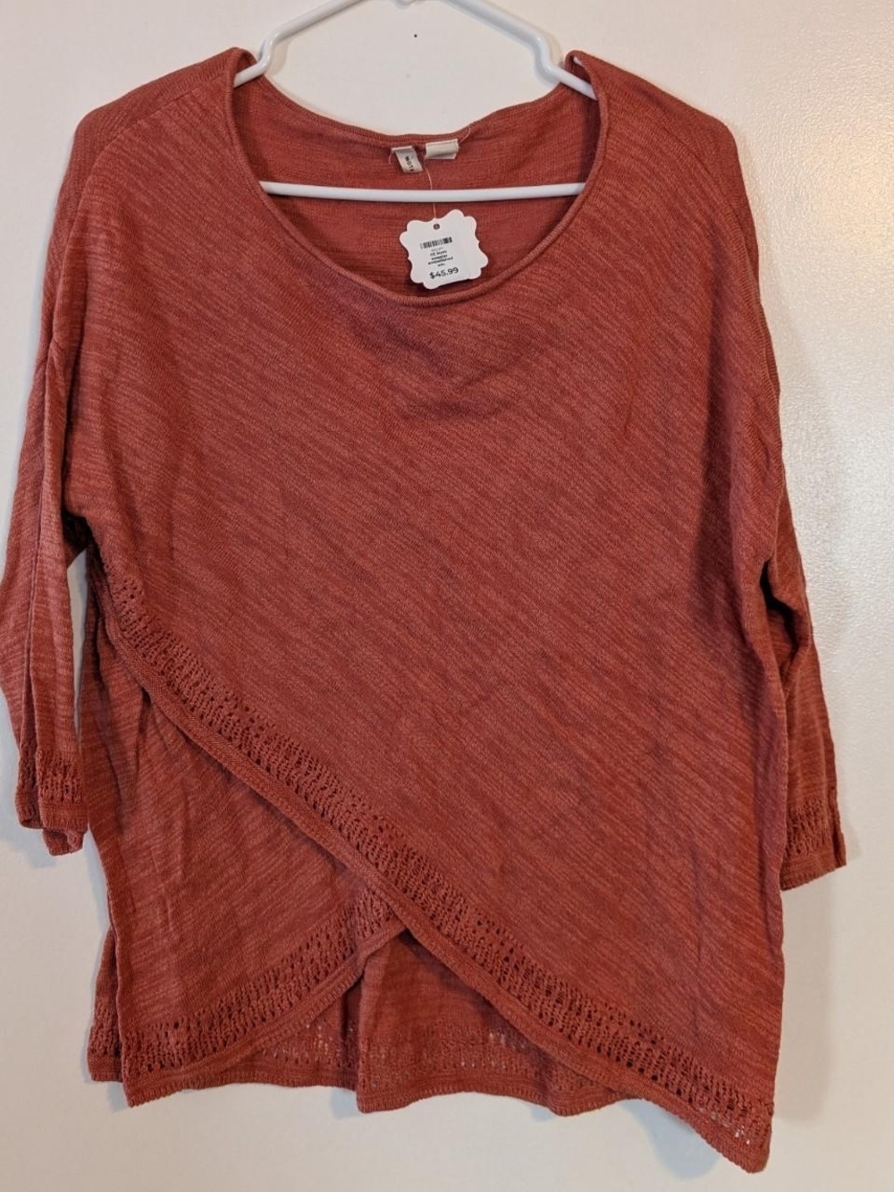Anthropologie Moth Heathered Orange Crochet Crossed Pointelle 3/4 Sleeve